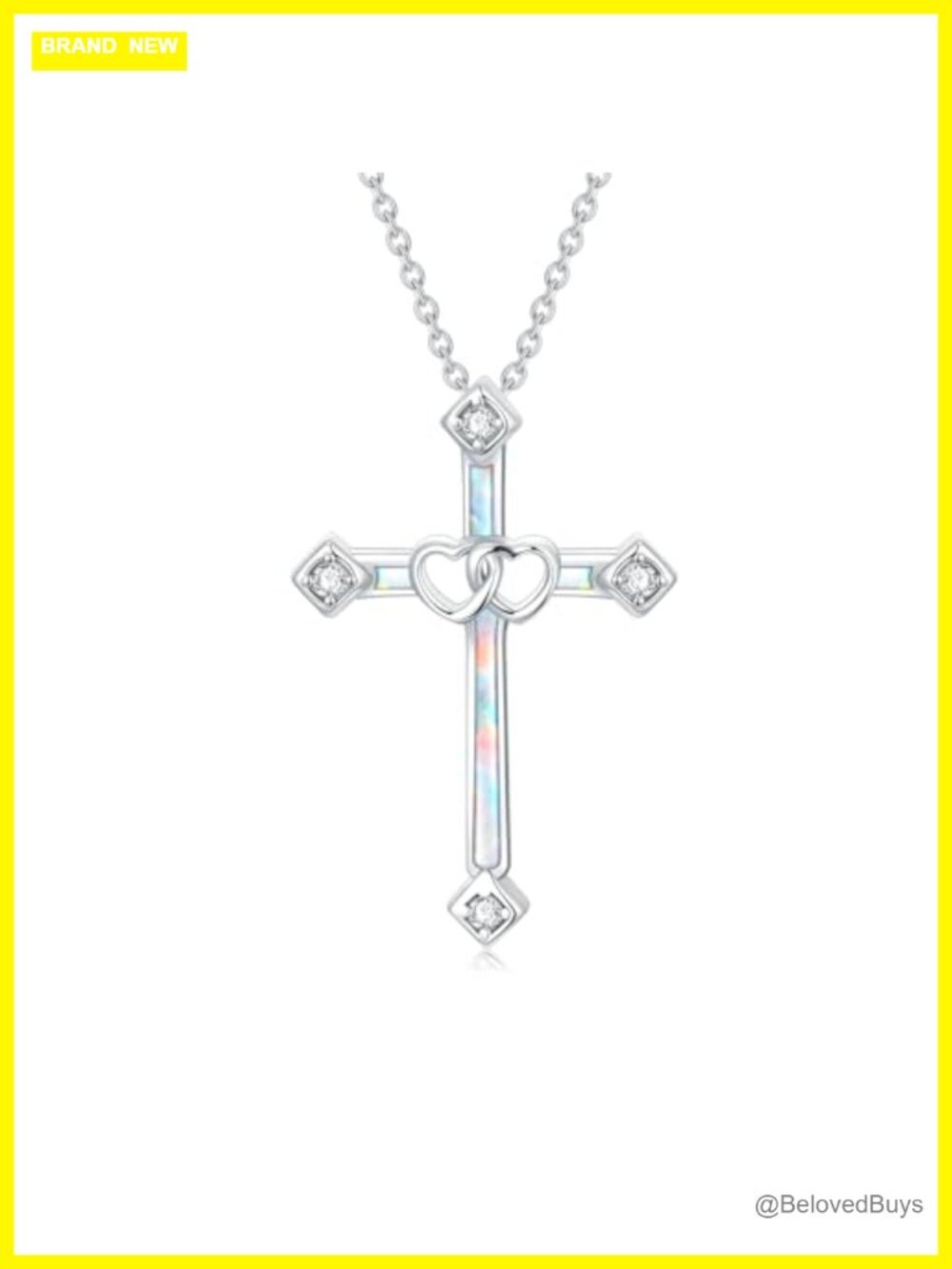 925 Sterling Silver White Opal Cross Pendant Necklace Lab Grown Diamond Women